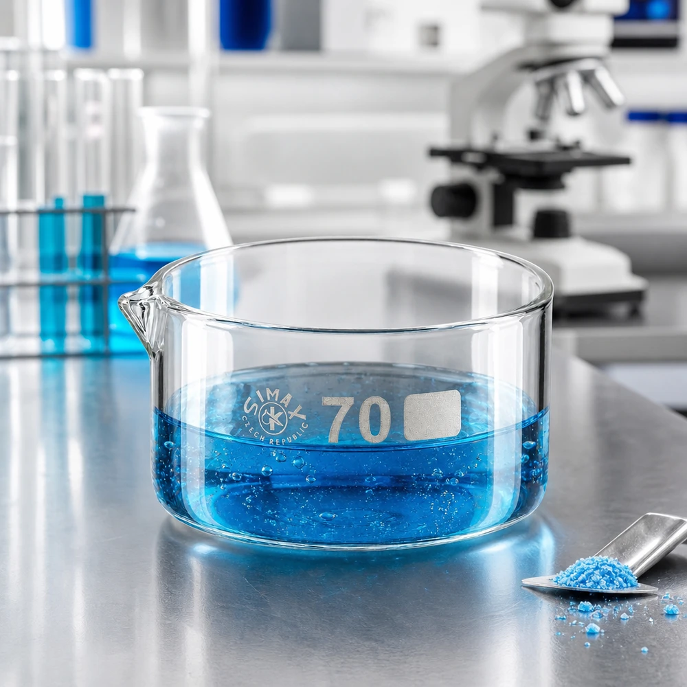 Laboratoriumschaal van 100 ml, van borosilicaatglas, met een kokende blauwe vloeistof en kopersulfaatkristallen op een stalen tafel
