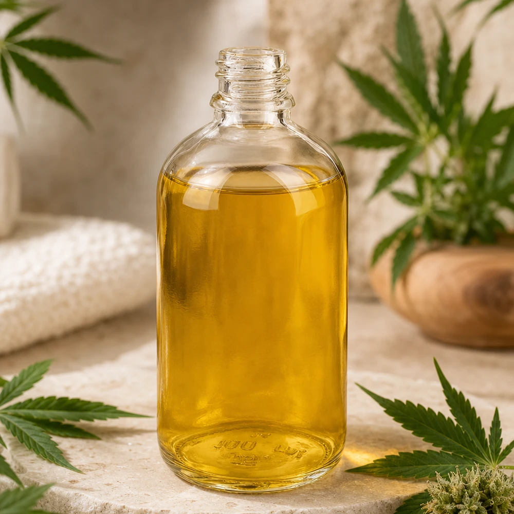 100ml apothekersfles ClearLine DIN18 UNiTWIST Gevulde ClearLine-apotheekfles van 100 ml met CBD-olie, omringd door cannabisbladeren UNiTWIST DIN18