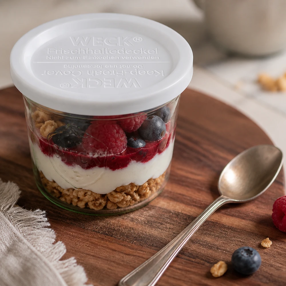 WECK vershoudend deksel RR120 WECK houdbaar deksel RR120 op yoghurt-bessen dessert in een potje met lepel op houten plank Keukenaccessoires