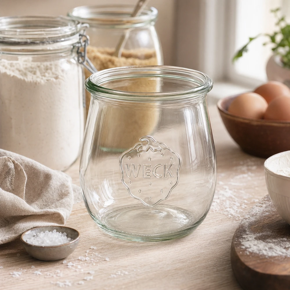 WECK tulp pot 220ml RR60 transparant leeg in keuken scène met bloem, eieren en bakingrediënten op houten tafel