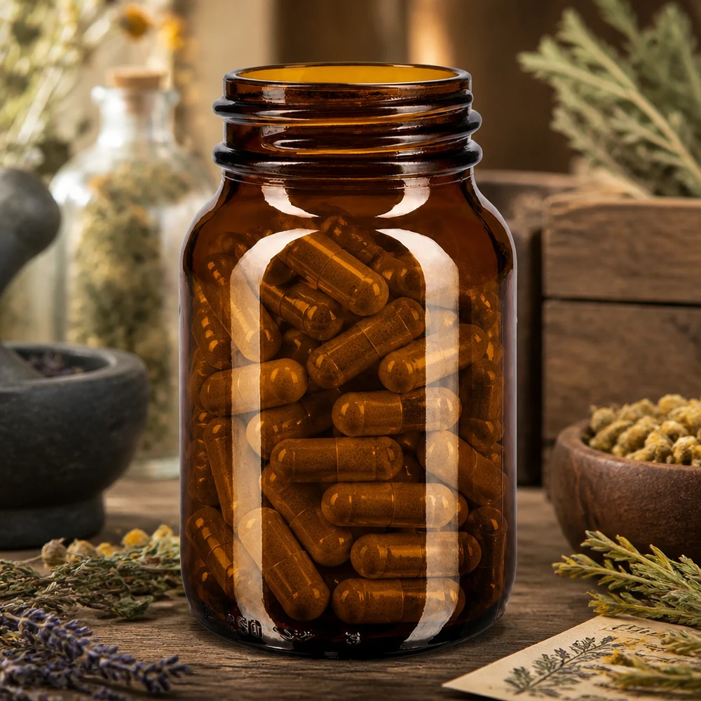 Fles met wijde hals 250 ml bruin glas met DIN 55 opening zonder sluiting Bruine glazen fles 250ml met wijde opening ideaal voor capsules en tabletten