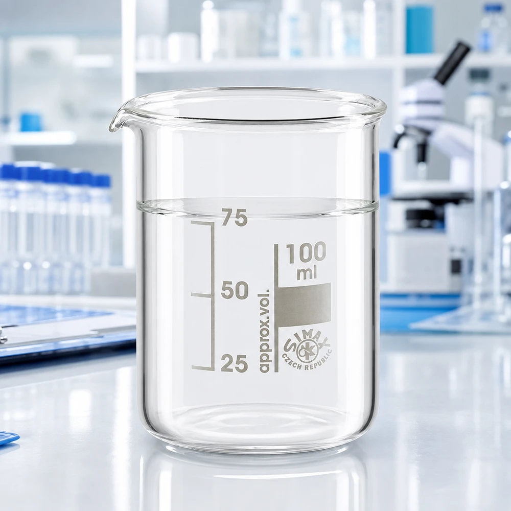 Bekerglas 100 ml van hittebestendig borosilicaatglas (laag model) Transparant 100 ml bekerglas van robuust borosilicaatglas met nauwkeurige volumeverdeling