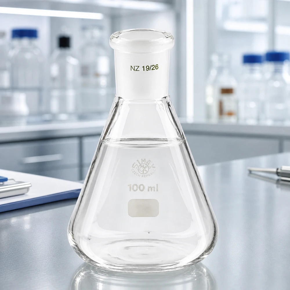 Erlenmeyer 100ml nauwe hals borosilicaat met slijpstuk 19/26 Erlenmeyer 100ml nauwe hals borosilicaat met slijpstuk 19/26
