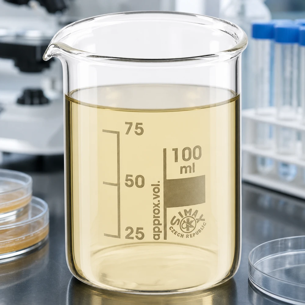 Bekerglas 100 ml van hittebestendig borosilicaatglas (laag model) Transparant bekerglas 100 ml van borosilicaatglas met gele vloeistof en nauwkeurige maatverdeling