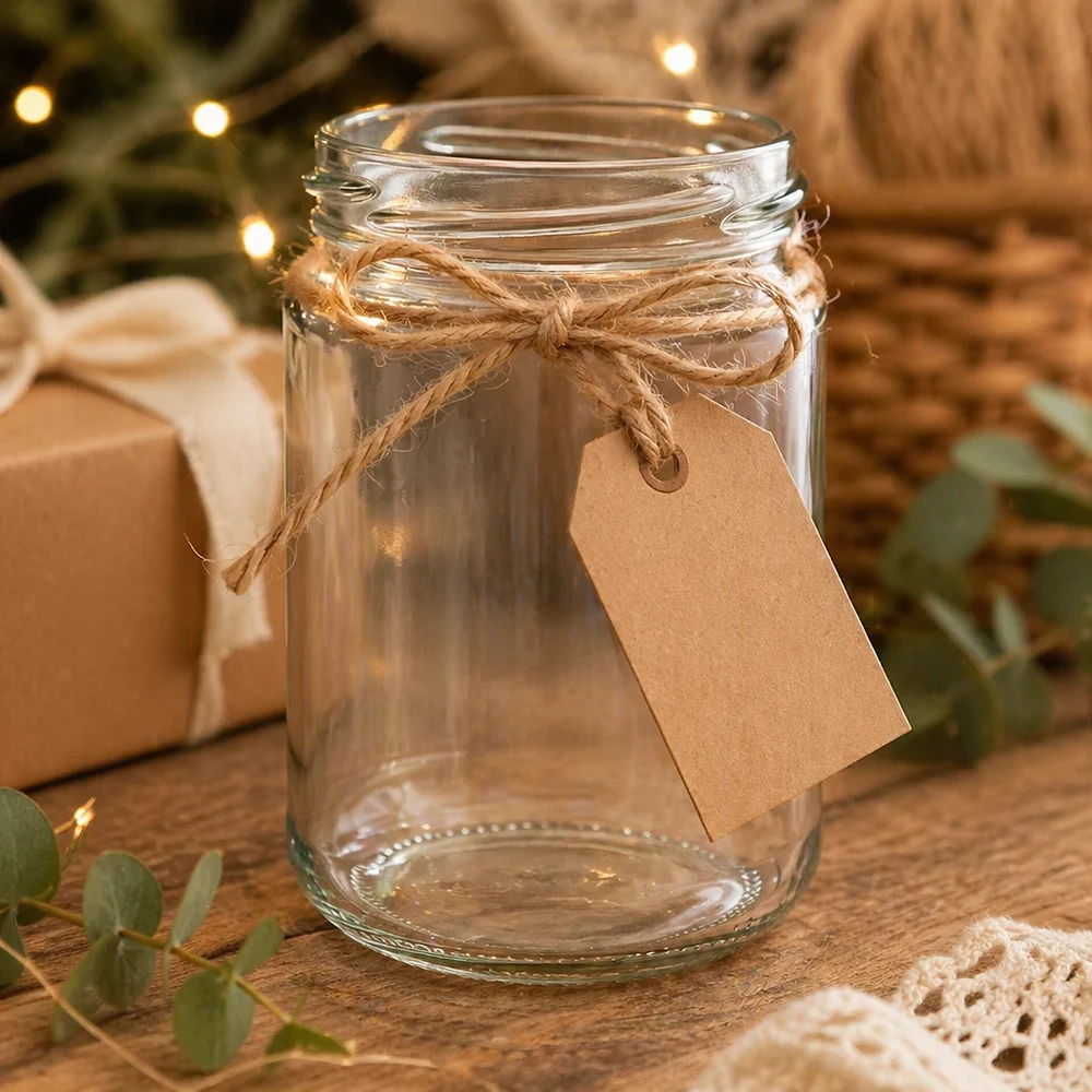 390ml rond glas zonder deksel (TO70) UNiTWIST Leeg UNiTWIST rond glas 390 ml TO70 versierd met jute koord en kraftpapier label op een houten tafel