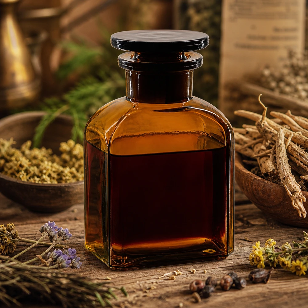 Vierkant-apothekersfles 150 ml wijde hals bruin glas incl. glazen stop Vierkante laboratoriumfles van 150 ml, bruin glas, met wijde hals en glazen stop, voor distillaten en tincturen