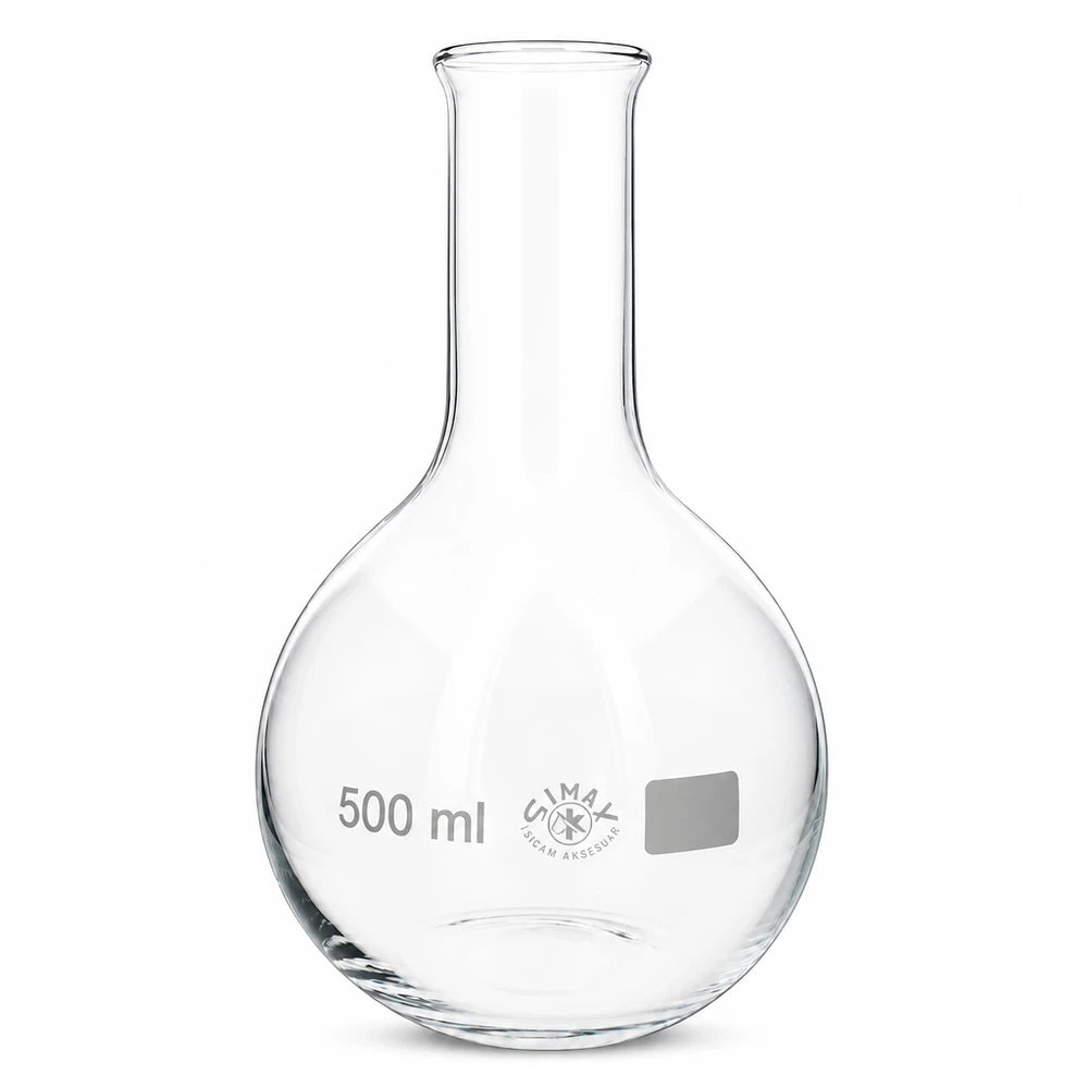 Platbodem kolf 500ml nauwe hals borosilicaat met afgeronde rand Maatkolf 500ml transparant met smalle hals voor volumetrie en analyse