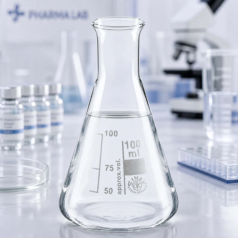 Erlenmeyer 100ml nauwe hals borosilicaat met afgeronde rand Compacte erlenmeyer van 100 ml met smalle hals, ideaal voor kleine monsterhoeveelheden