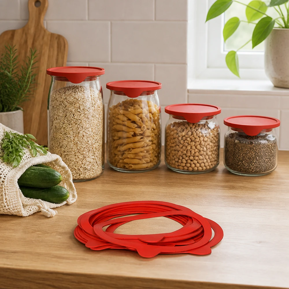 Inlegring van natuurrubber RR120 Stapel rode RR120 natuurrubberen inmaakringen op een houten toonbank naast voorraadpotten met ontbijtgranen en pasta
