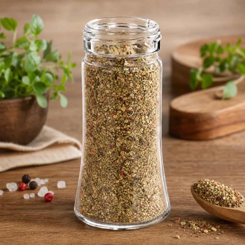 Kruidenpot Bobby 95 ml, helder glas met trechtervormige bodem en schroefdraadhals van 41 mm