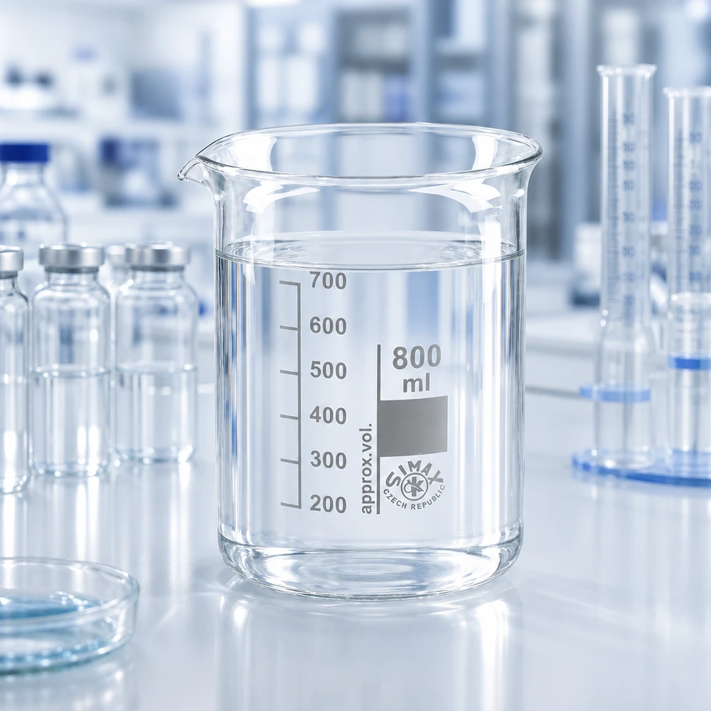 Bekerglas 800 ml van hittebestendig borosilicaatglas (laag model) Professionele laboratoriumbeker 800 ml met laag profiel gemaakt van chemisch bestendig borosilicaatglas