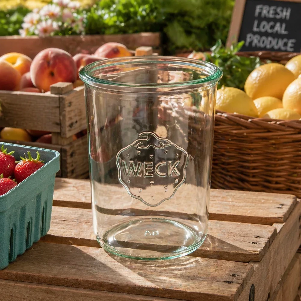 850ml WECK RR100 helder glazen bekers met logo op houten krat tussen vers fruit en groenten