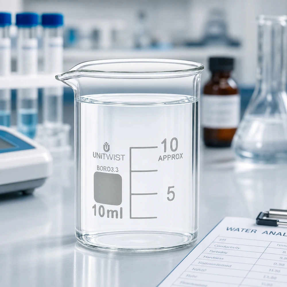 Beker 10ml borosilicaat, lage vorm UNiTWIST Klein maatbekertje van 10 ml, laag model, voor wateranalyse met pipetten en Erlenmeyer-kolven