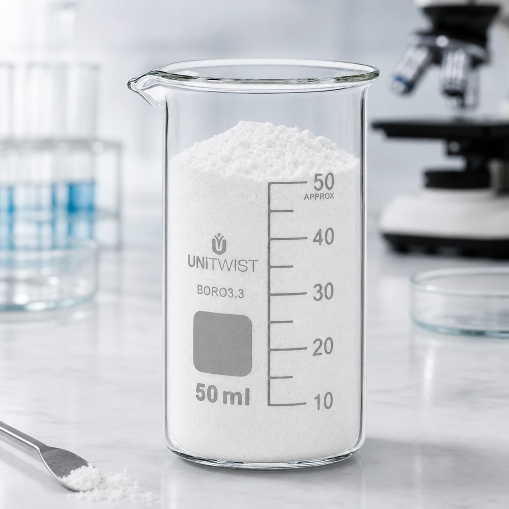 Beker 50ml borosilicaat, hoge vorm UNITWIST Doorzichtig bekerglas van 50 ml, hoog model, borosilicaat, UNITWIST, met korrelvormige inhoud