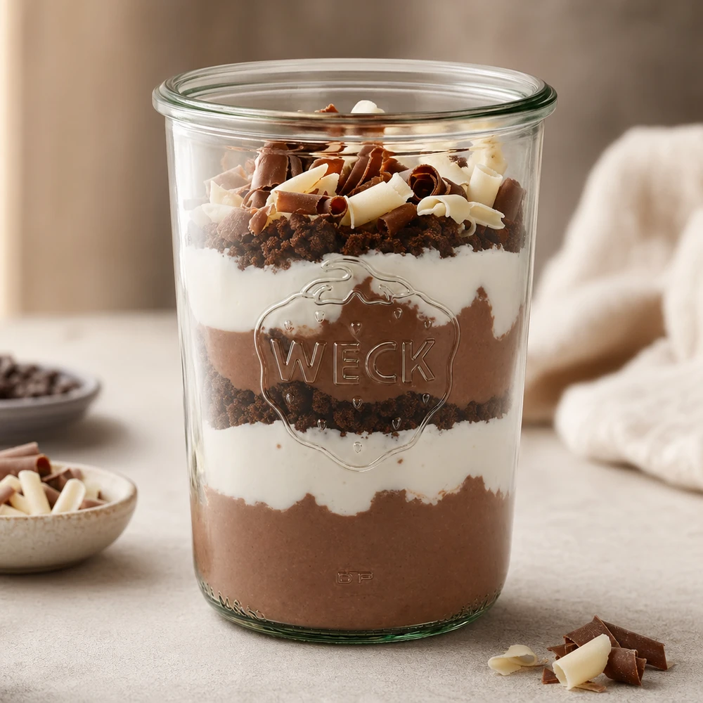 850ml WECK RR100 bekers gevuld met een gelaagd dessert van chocolademousse, room en koekkruimels