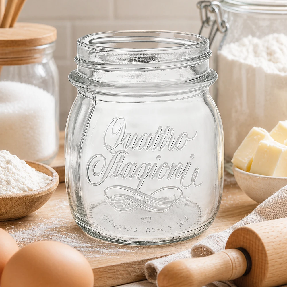250ml huishoudglas "Quattro Stagioni" 250ml Quattro Stagioni huishoudpot inmaakpot met embleem op houten tafel met keukengerei en ingrediënten
