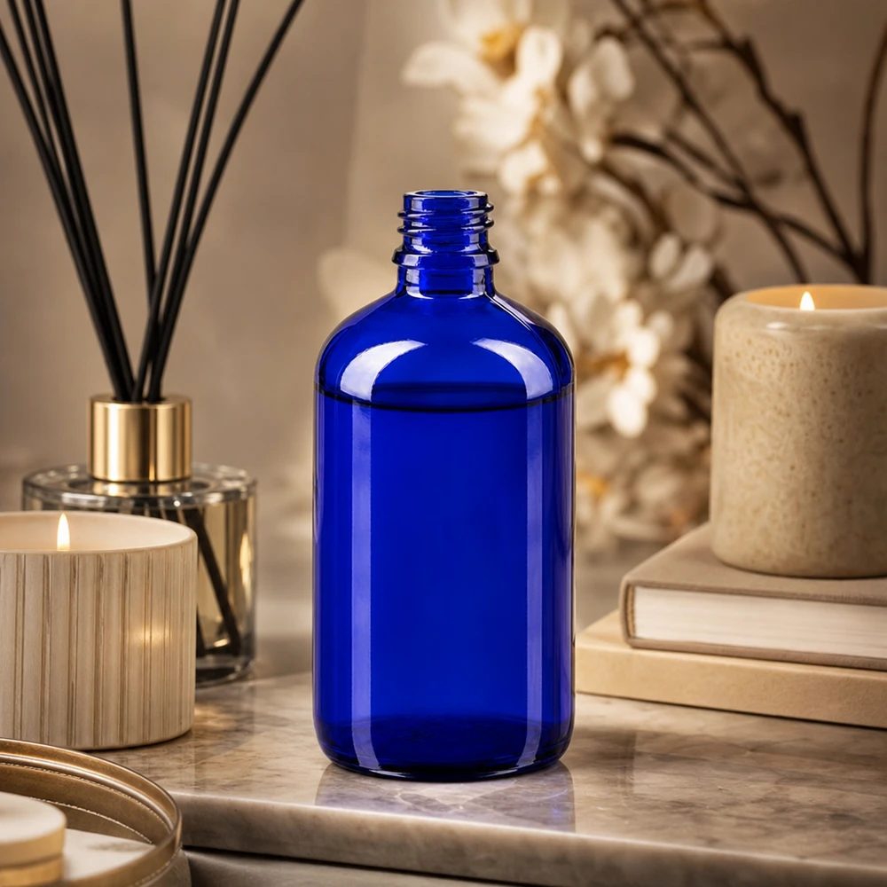 Blauwe glazen fles 100ml Robuuste ApoGlas fles 100ml in blauw met dikwandige constructie voor veilig opbergen