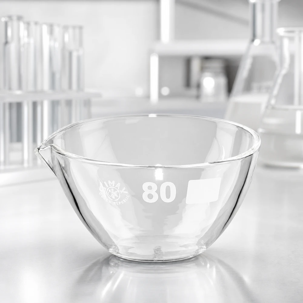 Indampschaal 90ml van borosilicaatglas met schenktuit Vaatwasmachinebestendige borosilicaat verdampingsschaal van 90 ml met schenktuit voor eenvoudige reiniging en onderhoud