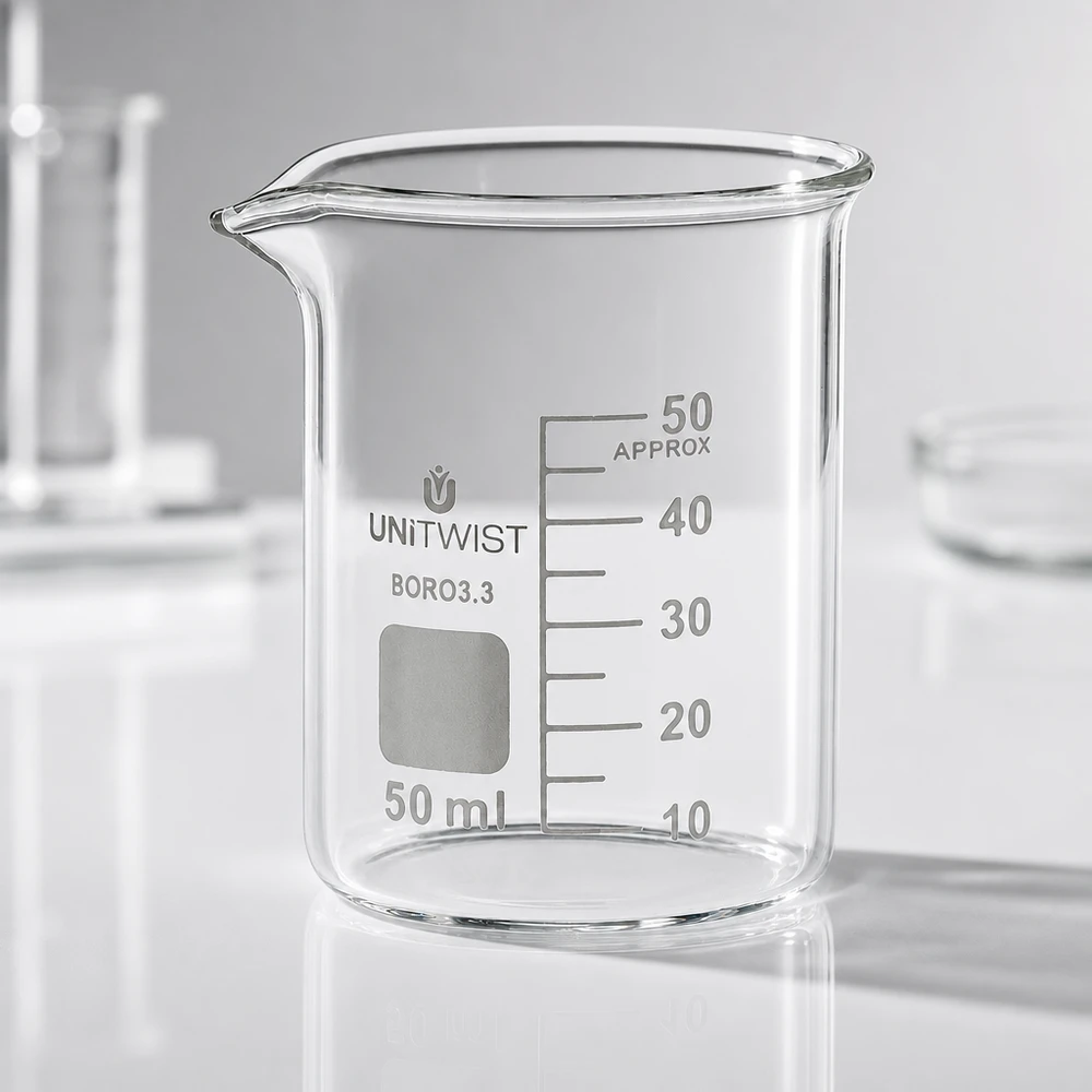 Becherglas 50 ml, lage vorm, vergelijking van afmetingen UNiTWIST BORO 3.3, compact ontwerp, laboratoriumglas
