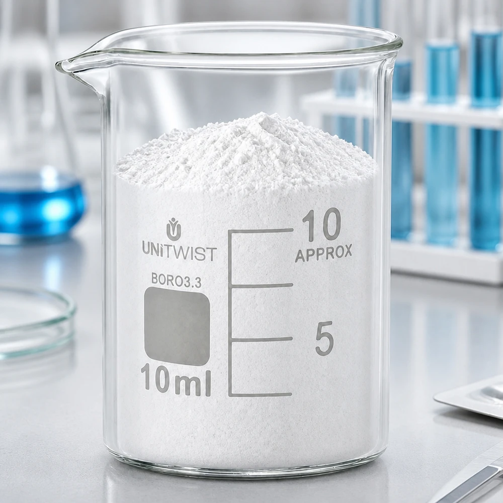 Beker 10ml borosilicaat, lage vorm UNiTWIST Doorzichtig bekerglas van 10 ml, borosilicaat, met wit laboratoriumpoeder op een lichte laboratoriumtafel