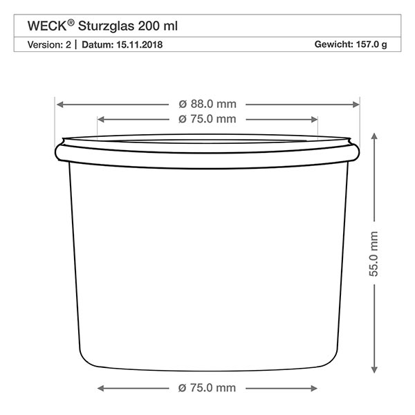WECK RR80-pot van 200 ml Technische tekening WECK beker 200ml RR80 met afmetingen 88mm diameter, 55mm hoogte, gewicht 157g