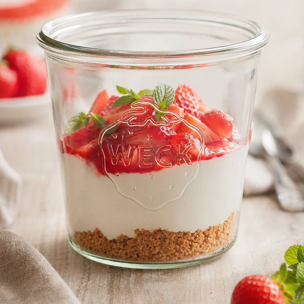 580ml stortglas WECK RR100 WECK 580ml RR100 bekers gevuld met aardbeien en yoghurt als dessert in een pot op een houten tafel
