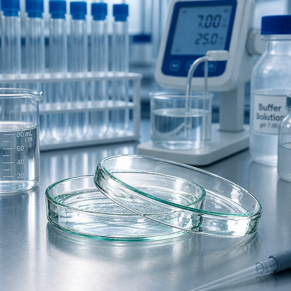 Glazen petrischalen van 80 x 15 mm voor celkweek, naast bufferoplossing pH 7 en laboratoriumbenodigdheden