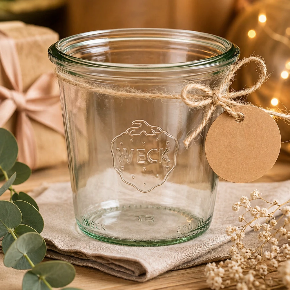 290 ml hoog weckglas WECK RR80 WECK bekers 290ml RR80 hoog met deksel en cadeaulabel gedecoreerd op een rustieke houten tafel