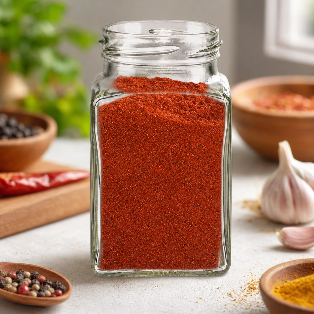 UNiTWIST Tetra260 4-hoekige pot 260ml gevuld met rode paprikapoeder in keuken met kruiden en knoflook