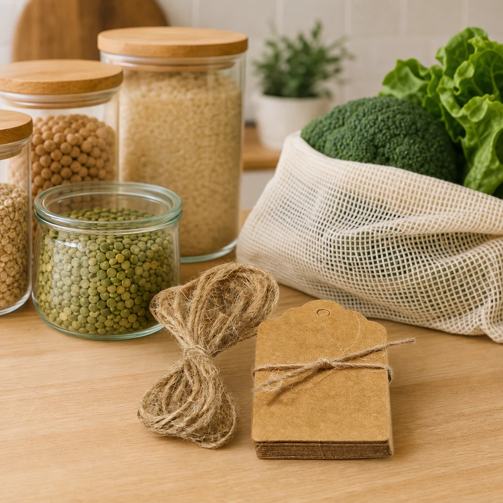 Etiketten van duurzaam kraftpapier met koord van natuurlijke vezels naast zero-waste producten en gaaszakken voor een plasticvrije keuken