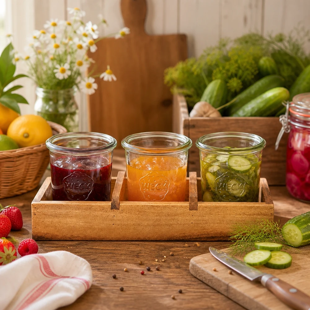 Dienblad Box3 acaciahout voor 3 WECK stortglas Serveerplank van acaciahout Box3 met drie WECK potten gevuld met kleurrijk broodbeleg omringd door verse ingrediënten Keuken