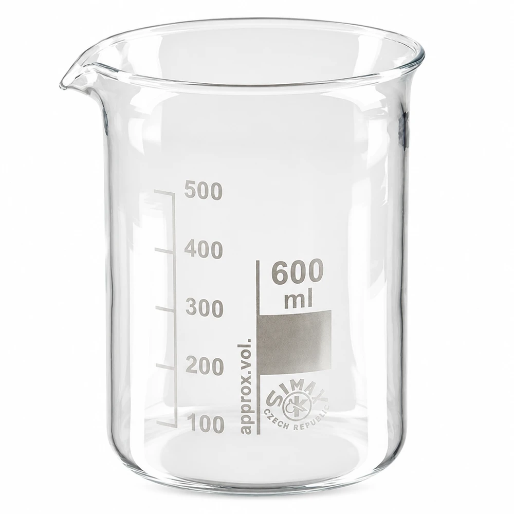 Bekerglas 600 ml van hittebestendig borosilicaatglas (laag model) Beker 600ml van borosilicaatglas met lage vorm en schenktuit voor laboratorium en keuken