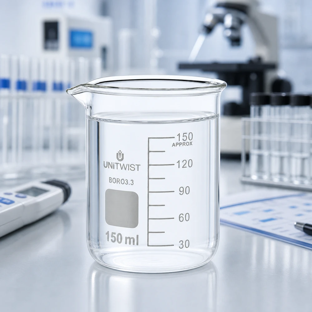 Transparant laboratoriumglas UNiTwist 150 ml, borosilicaat 3.3, laag model met witte laboratoriumtafel