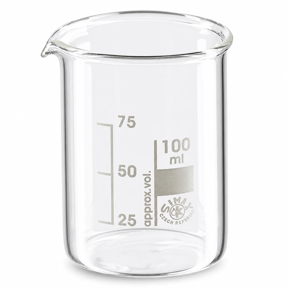 Bekerglas 100 ml van hittebestendig borosilicaatglas (laag model) Beker 100ml van hoogwaardig borosilicaatglas met tuit en schaalverdeling in lage vorm