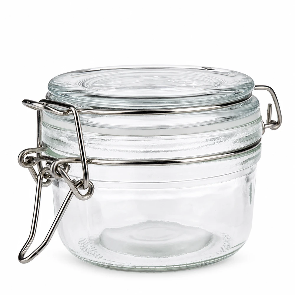 100 ml voorraadpot type S met scharnierende top UN. 100 ml voorraadpot met praktisch klikdeksel van transparant glas voor in de keuken