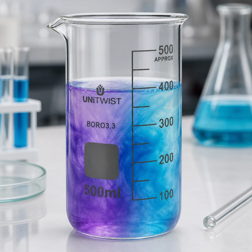 Beker 500ml borosilicaat, hoge vorm UNITWIST UNITWIST bekerglas, hoog model, 500 ml, naast Erlenmeyer-kolven en reageerbuisjes