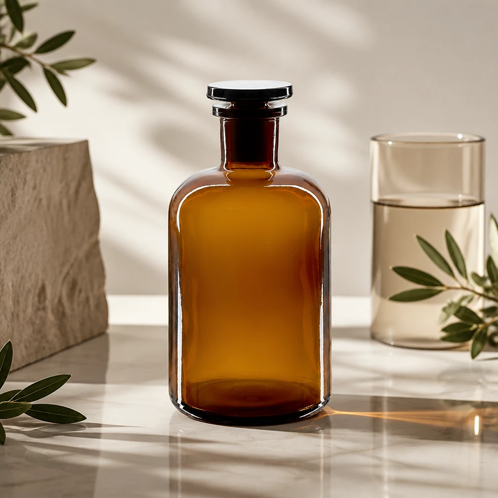 Apothekersfles 500 ml nauwe hals bruin glas incl. glazen stop Voorraadfles van 500 ml, bruin glas, smalle hals, ronde schouders, goed afsluitbaar, met glazen stop