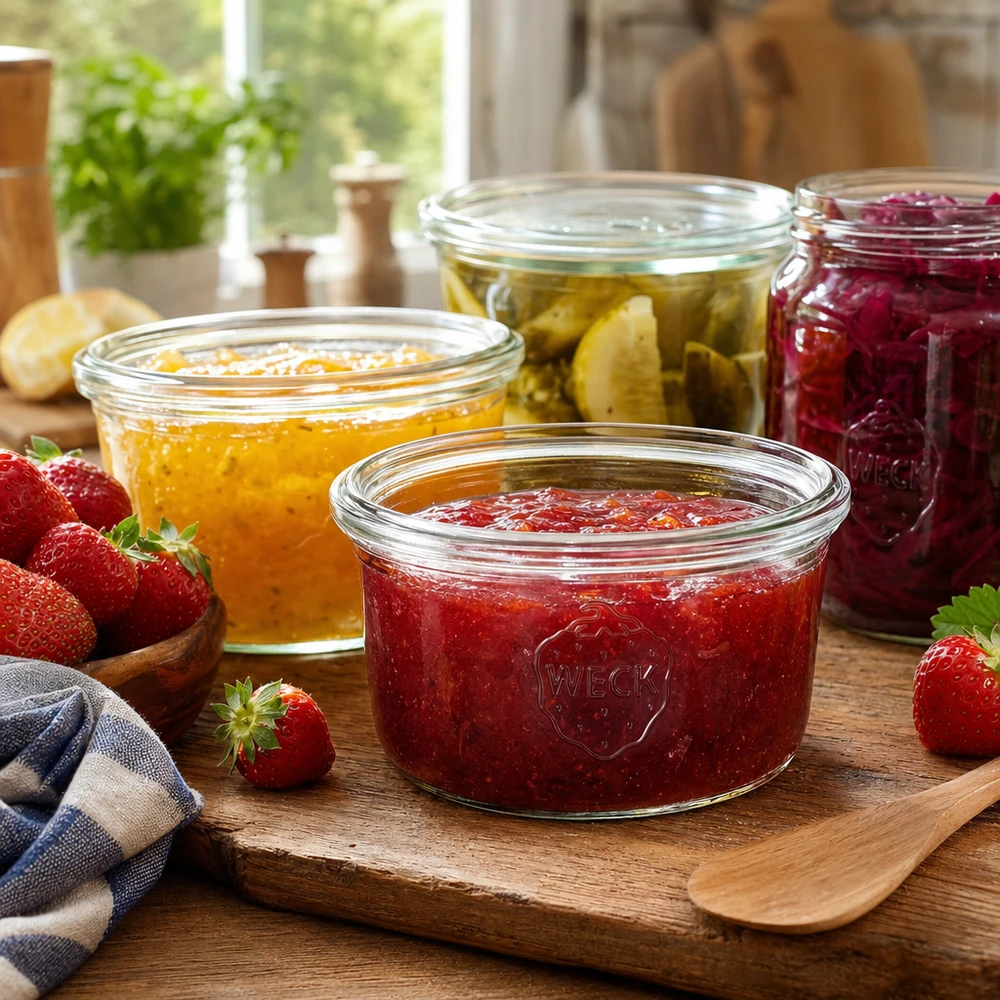 WECK 165 ml RR80 pot met aardbeienjam op een houten plank naast andere inmaakpotten met jam en verse aardbeien.