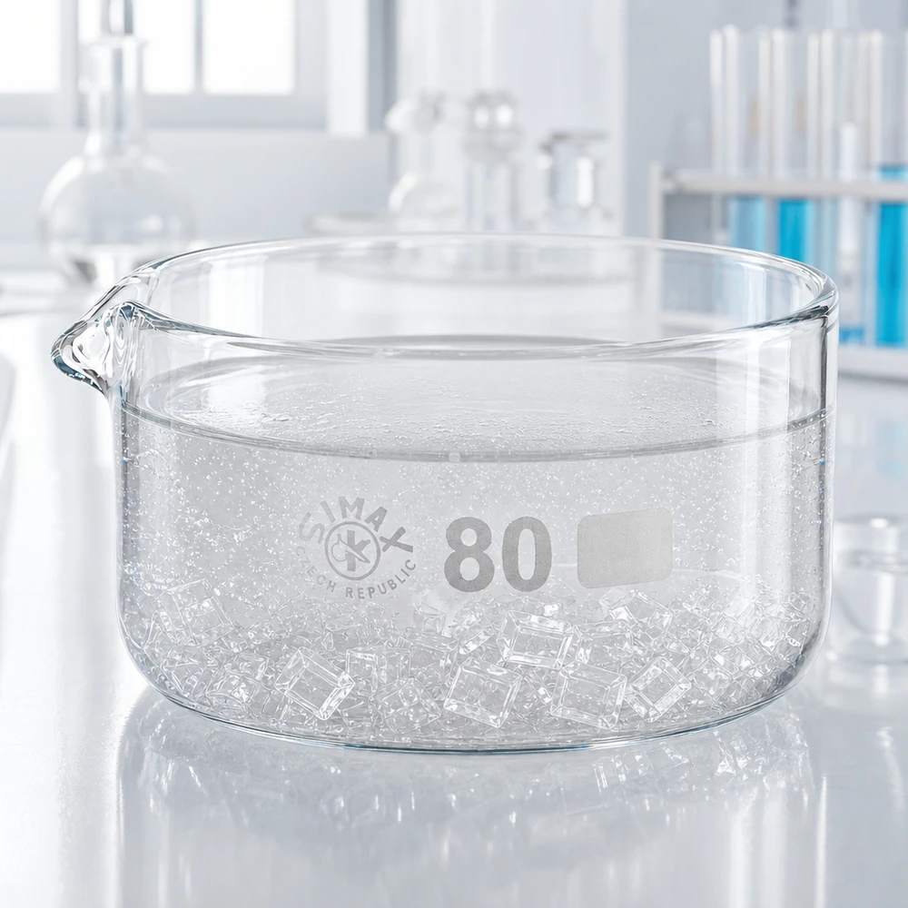 Doorzichtige laboratoriumschaal met een diameter van 80 mm, voorzien van een uitgietopening en zichtbare kristallen op de bodem van de schaal