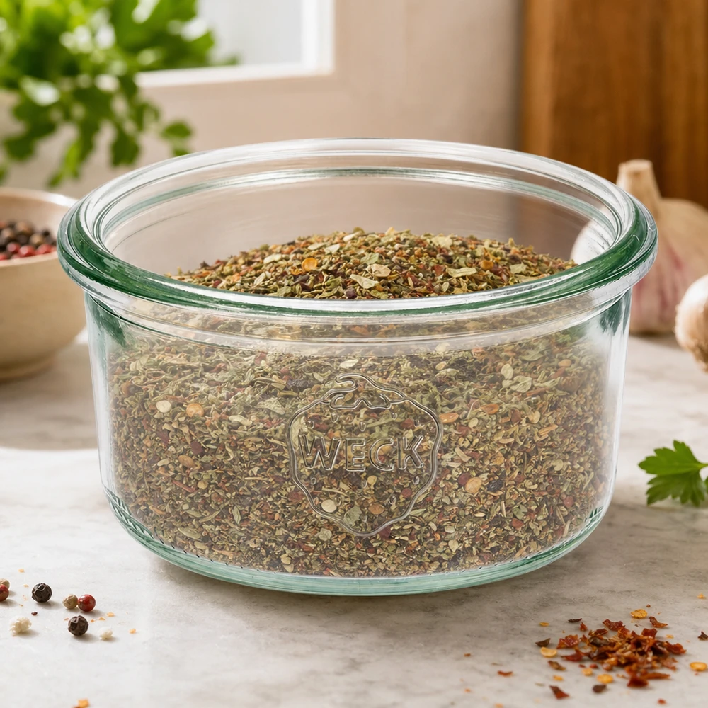 WECK 165ml RR80 mason jar gevuld met kruiden op een aanrecht met kruiden en planten op de achtergrond