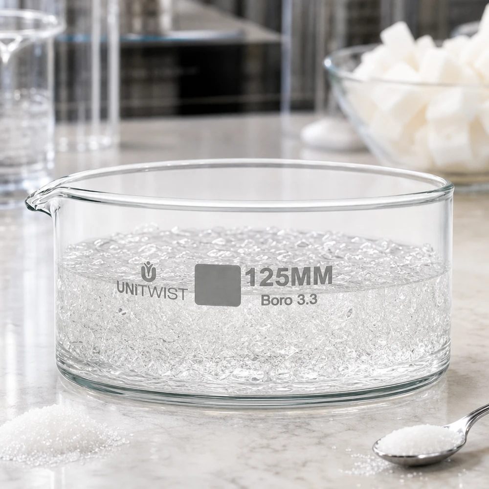 Kristallisatieschaal 125 mm UNiTWIST gevuld met witte kristallen, naast suikerklontjes en een lepel