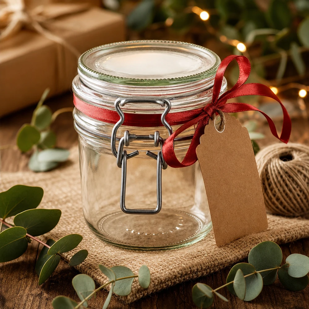 255 ml voorraadpot type G met beugelsluiting UN.. 255ml Vorratsglas mit Bügelverschluss als Geschenkidee mit roter Schleife und Geschenkanhänger dekoriert