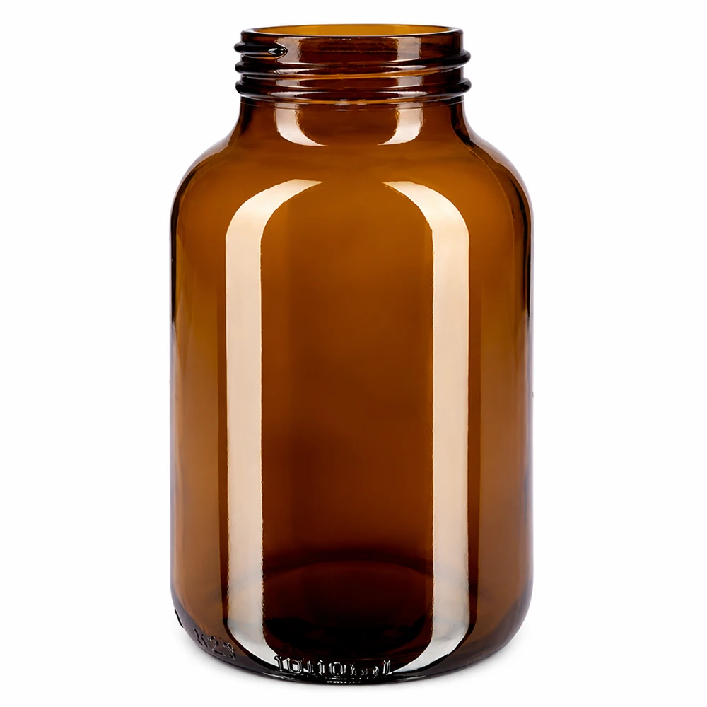 Fles met wijde hals 1000 ml bruin glas met DIN 68 opening zonder sluiting Bernsteinfarbene Glasflasche 1000ml mit breiter Öffnung für Pulver und Flüssigkeiten