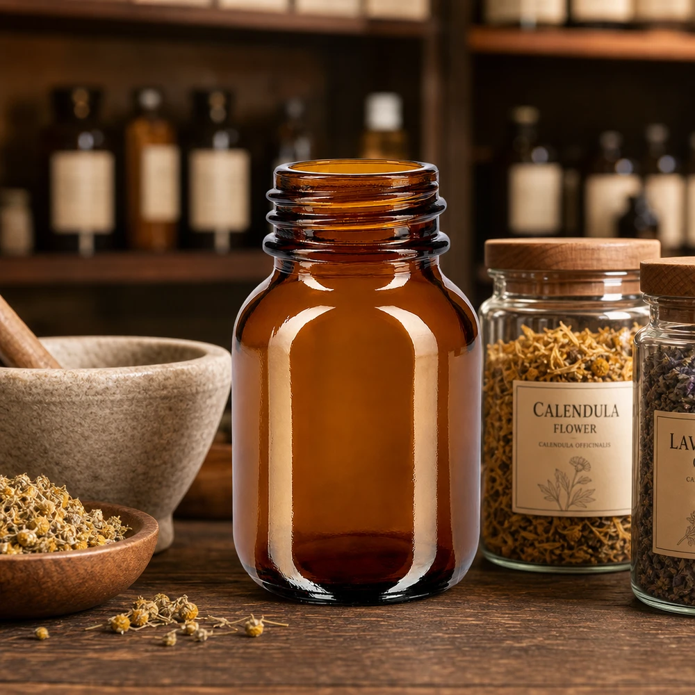 Fles met wijde hals 50 ml bruin glas met DIN 32 opening zonder sluiting Compacte 50 ml fles met wijde hals van hoogwaardig amberkleurig glas voor apotheken en laboratoria