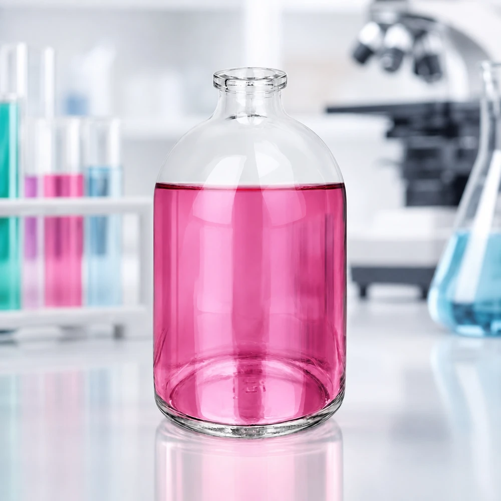 Injectiefles helder glas 100ml Großaufnahme einer 100ml Injektionsflasche Klarglas mit pink gefärbtem Labormedium