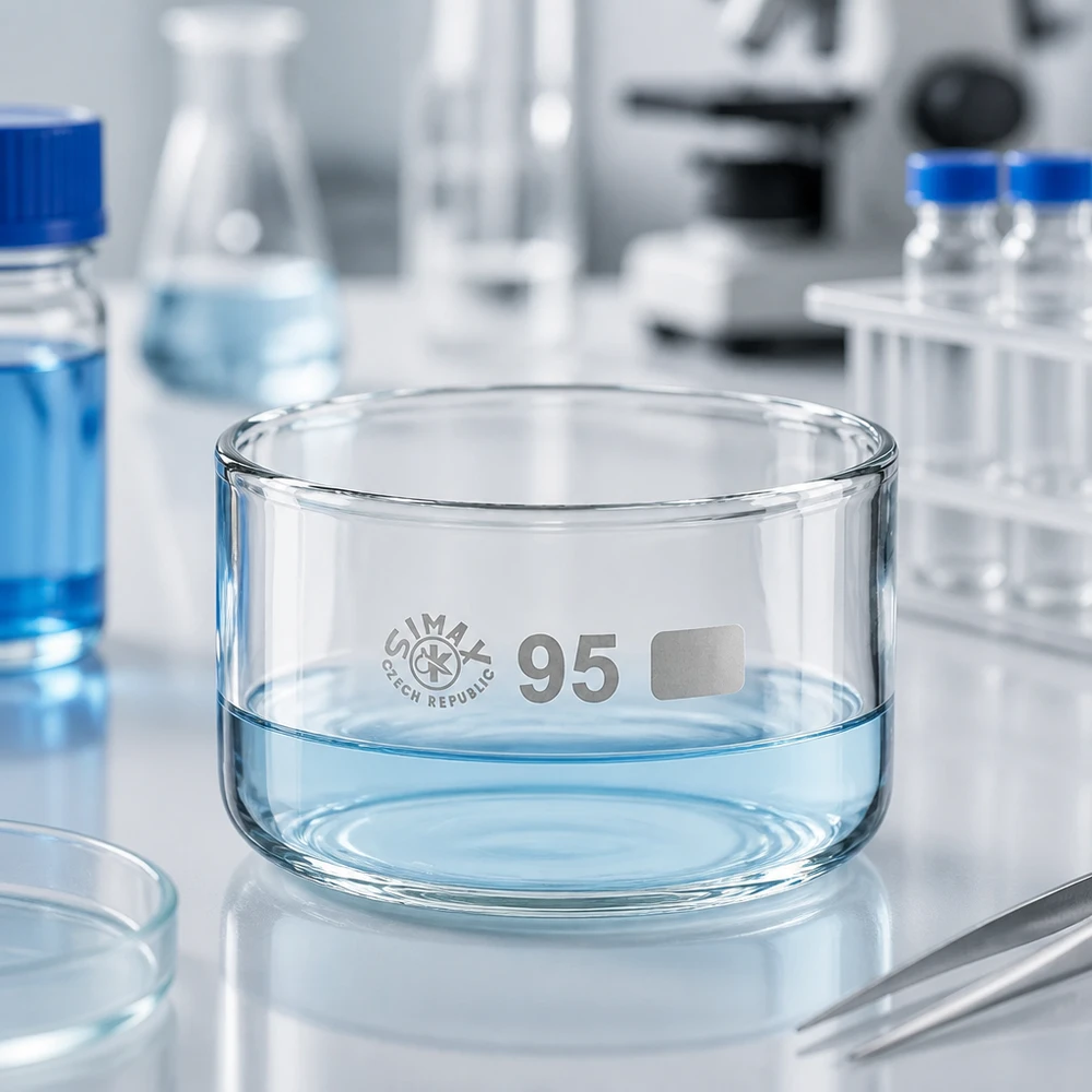 Laboratoriumbenodigdheden: kristallisatieschaal 300 ml van borosilicaat, naast Erlenmeyer-kolven en laboratoriumflessen