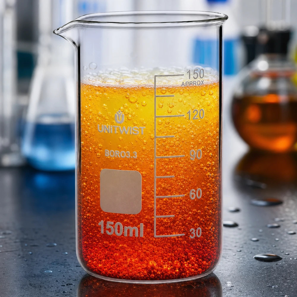Beker 150ml borosilicaat, hoge vorm UNITWIST Becherglas, hoog model, 150 ml, borosilicaat, UNITWIST, met kleurverloop van donkeroranje naar lichtgeel