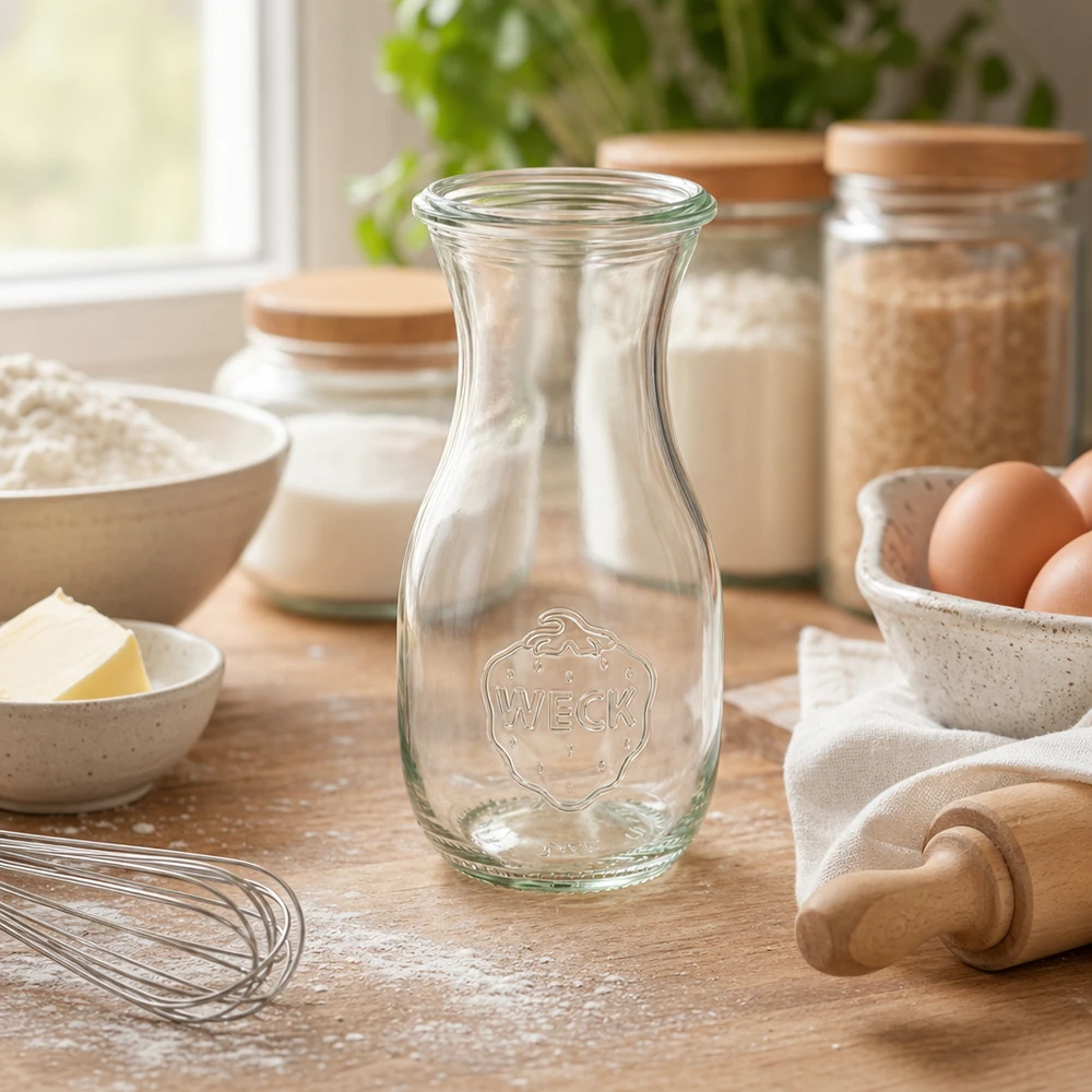 WECK sapfles 290ml RR60 op een houten tafel tussen bakingrediënten zoals eieren, bloem en keukengerei in een warme sfeer