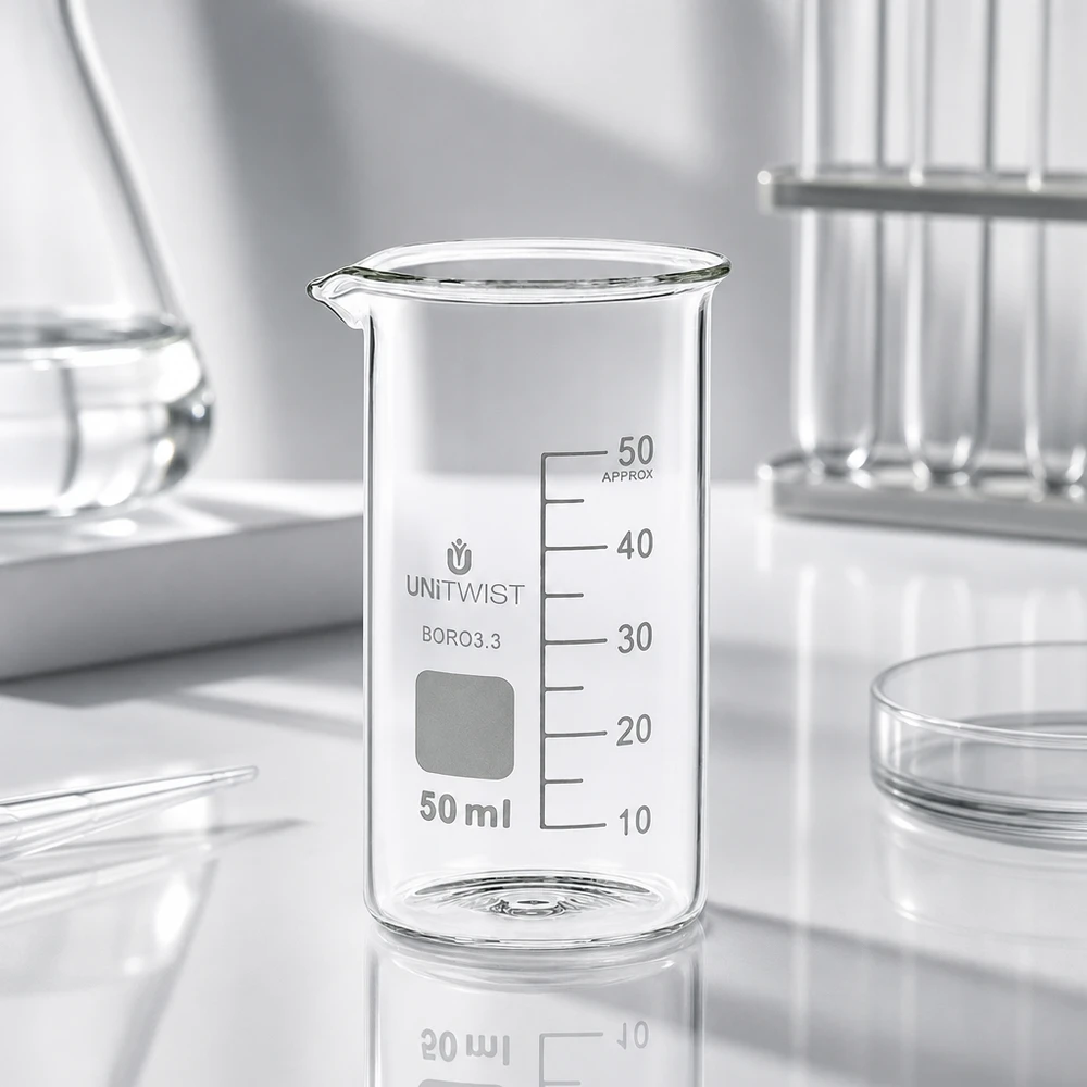 Beker 50ml borosilicaat, hoge vorm UNITWIST UNITWIST laboratoriumbeker van 50 ml, vervaardigd uit hittebestendig borosilicaatglas 3.3, in een hoge, stabiele glasvorm