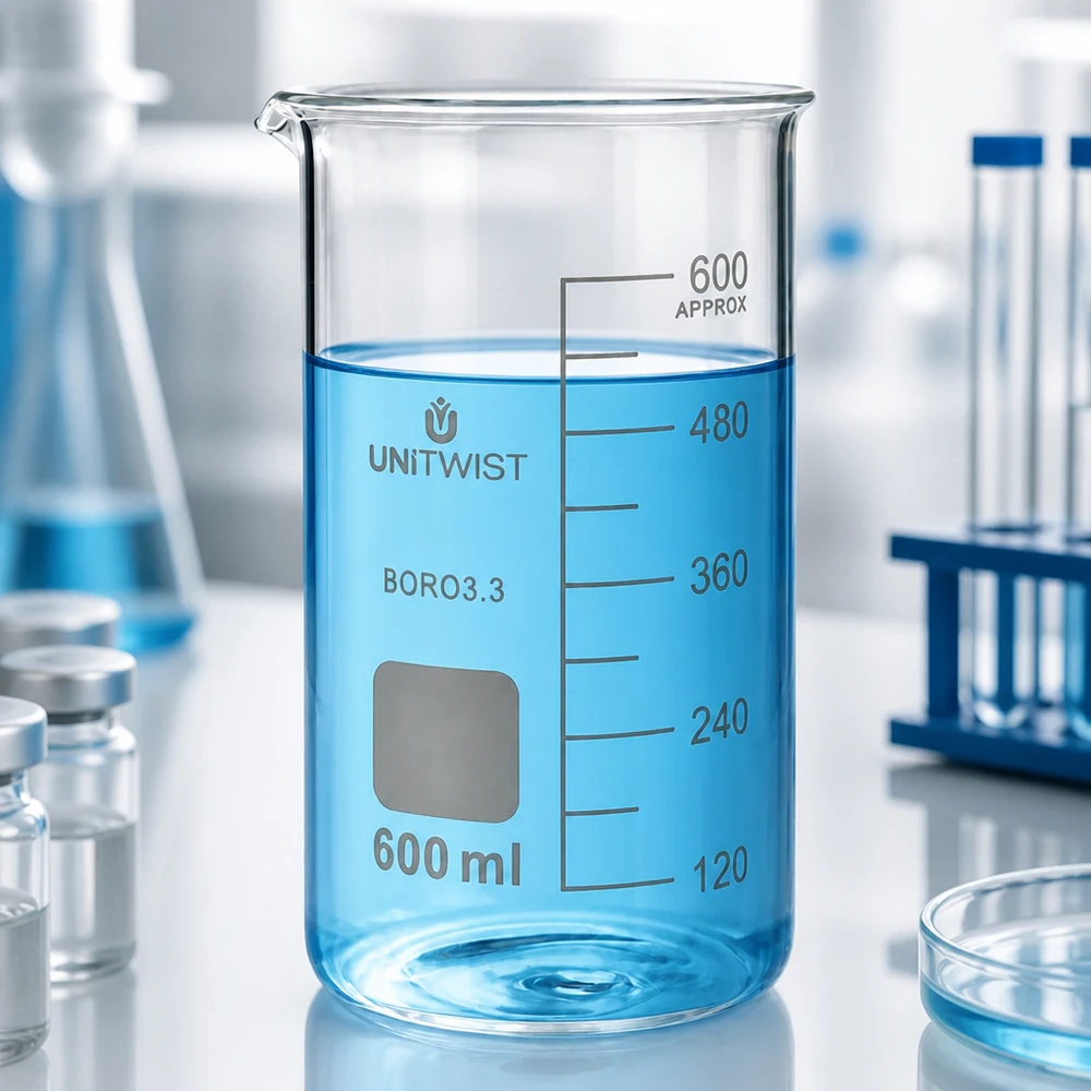 Beker 600ml borosilicaat, hoge vorm UNITWIST Hoog bekerglas 600 ml UNITWIST van borosilicaatglas met turquoise vloeistof en maatstreepjes